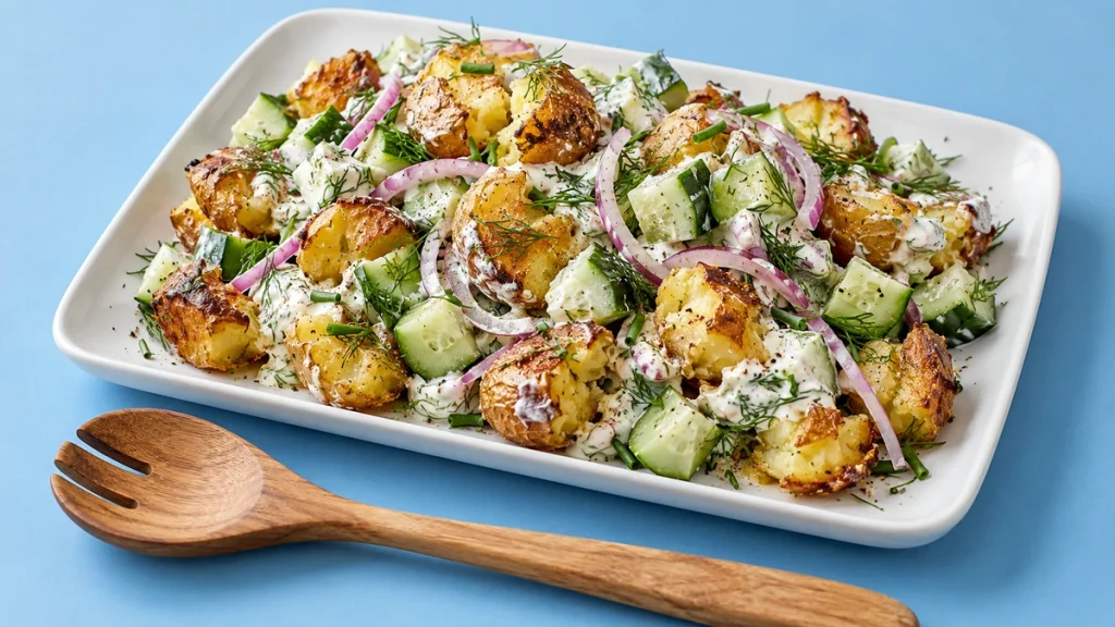 Knusprige Smashed Potatoes mit Gurke, Joghurt-Dressing und Dill