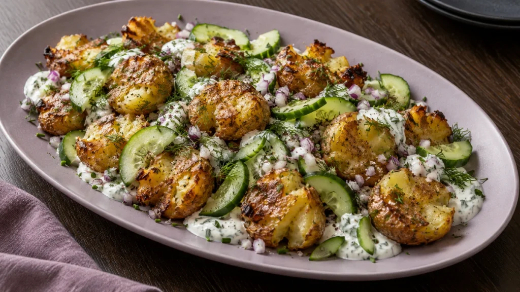 Smashed Potatoes Salat mit Gurke und Joghurt-Dressing