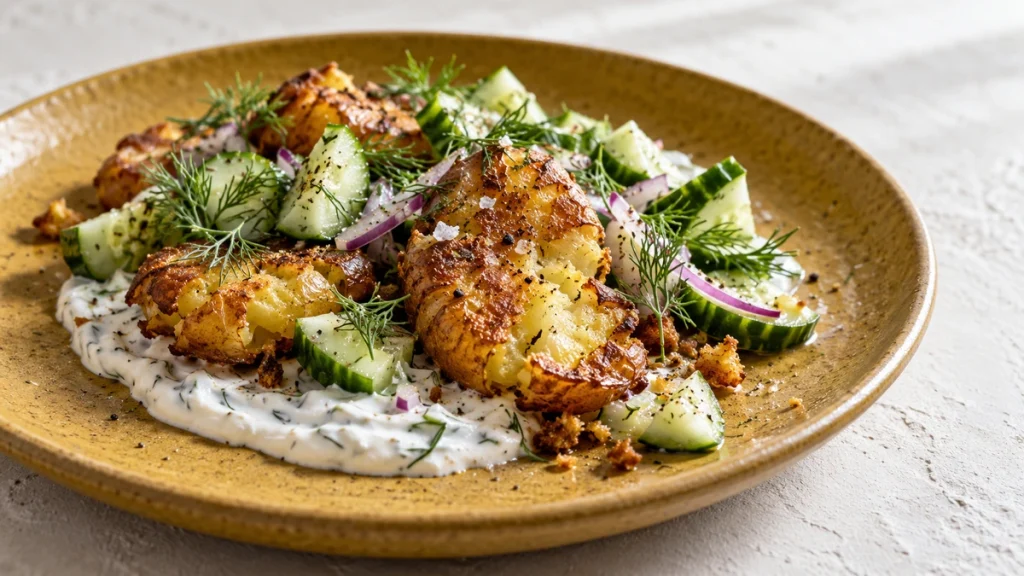 Smashed Potatoes Salat mit Gurke, griechischem Joghurt und Dill