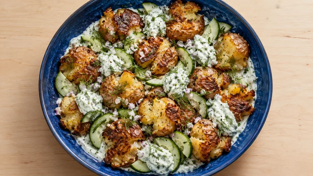 Smashed Potatoes Salat mit Gurke und griechischem Joghurt, Dill und Schnittlauch in einer blauen Schale