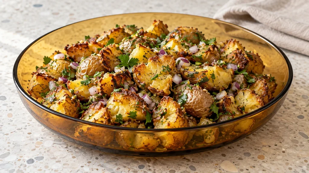 Klassischer Smashed Potatoes Salat mit Senf-Zitronen-Dressing, roten Zwiebeln und Kräutern in einer Glasschale