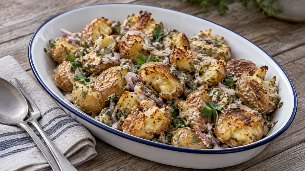 Smashed Potatoes Salat mit knusprigen Kartoffeln und Kräutern auf Holztisch