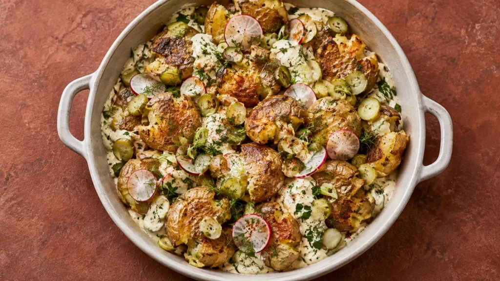 Veganer Smashed Potatoes Salat mit Cornichons, Radieschen, Frühlingszwiebeln und cremigem Dressing