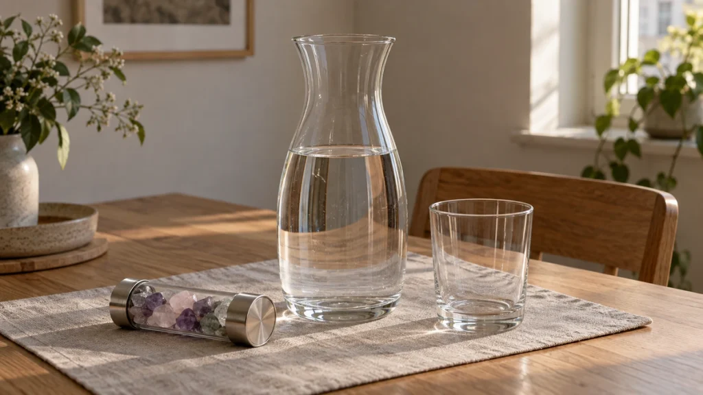 Wasserkaraffe, Trinkglas und verschlossener Einsatz mit Quarzsteinen