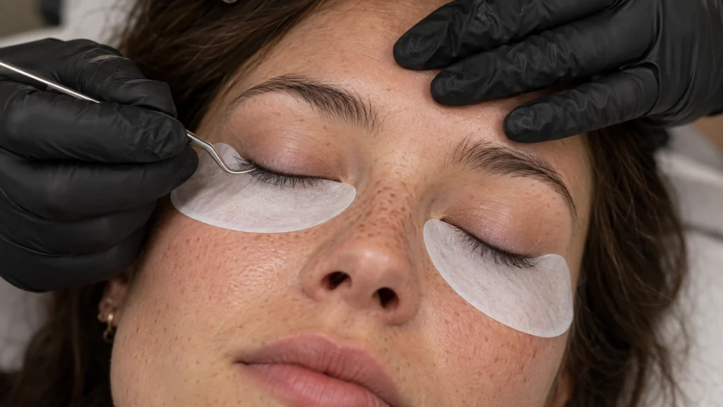 Wimpernlifting Behandlung mit Augenpads, schwarzen Handschuhen und feinem Lash-Lift-Werkzeug