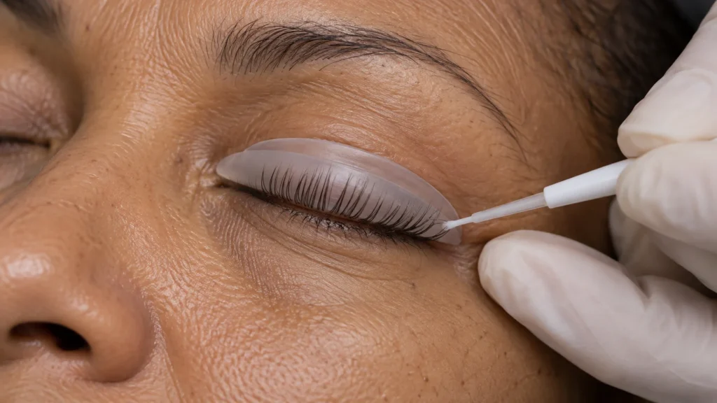 Wimpernlifting Behandlung mit Silikonpad und Applikator am oberen Wimpernkranz