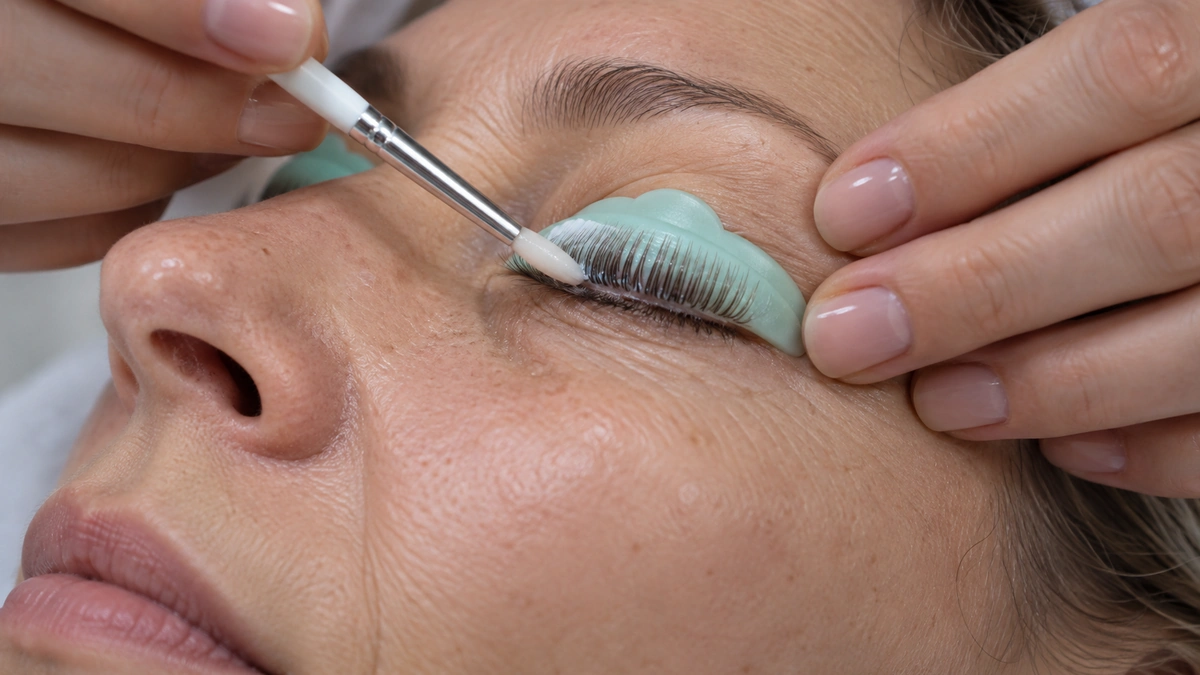 Wimpernlifting Behandlung mit Silikonpad und Bürste an natürlichen Wimpern