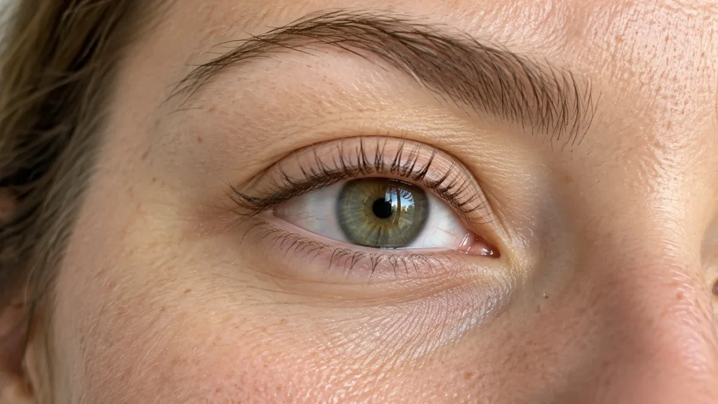 Wimpernlifting Ergebnis an einem grün-haselnussfarbenen Auge mit natürlich angehobenen Wimpern
