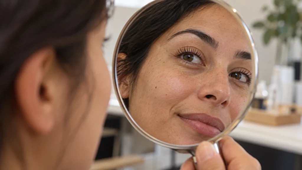 Wimpernlifting Ergebnis im Spiegel mit natürlich angehobenen Wimpern