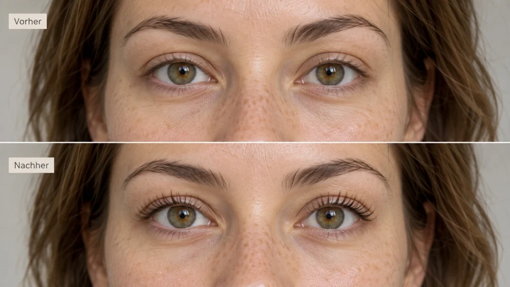 Wimpernlifting Vorher-Nachher mit deutlich angehobenen natürlichen Wimpern