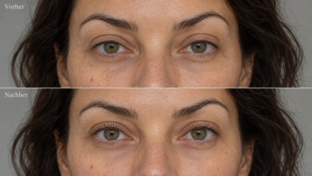 Wimpernlifting mit grünbraunen Augen im Vorher-Nachher-Vergleich