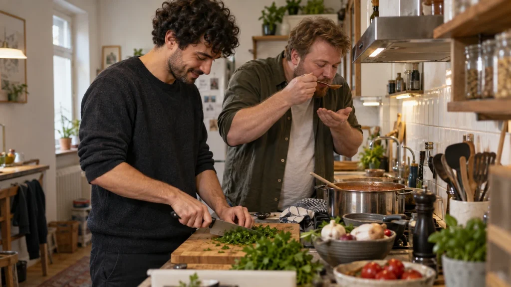 Freunde und Beziehungen im Leben: Zwei Männer kochen gemeinsam in einer Küche