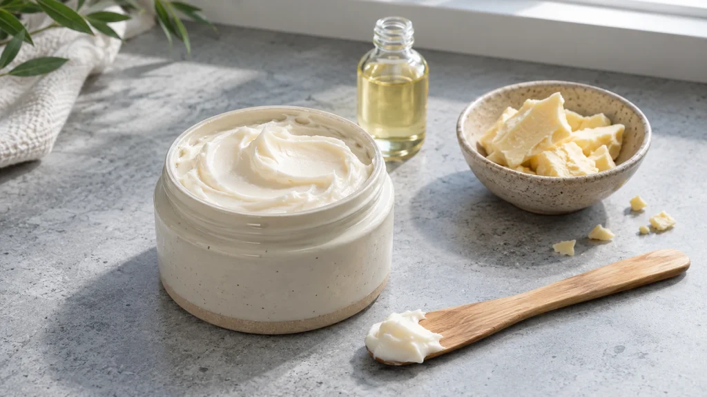 Geöffnete Body Butter neben Kakaobutter, Pflanzenöl und Holzspatel