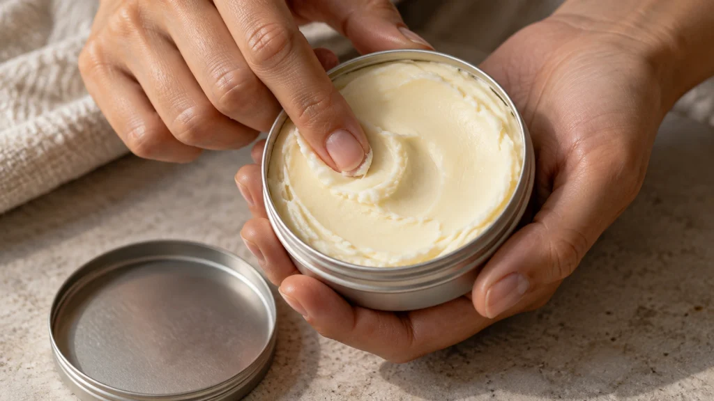 Offener Tiegel mit dichter Body Butter zwischen zwei Händen