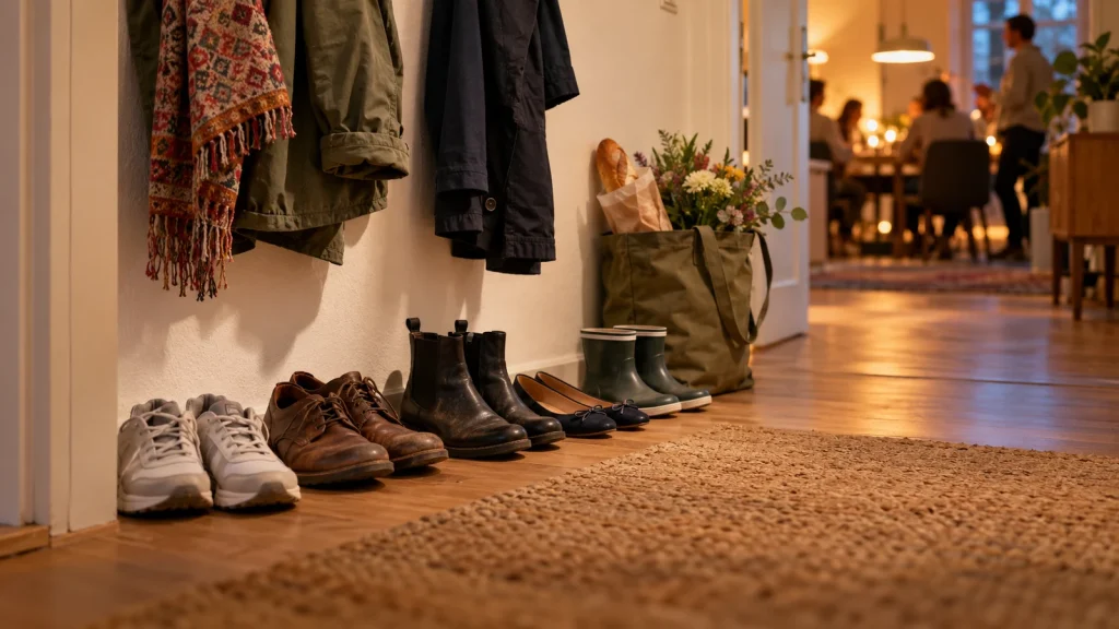 Mehrere Paar Schuhe und Jacken im Flur während eines Treffens mit Freunden