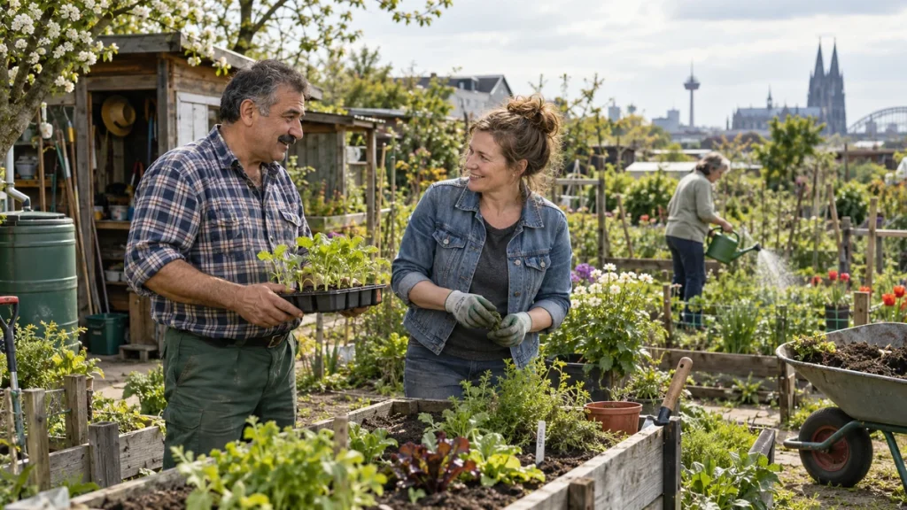 Zwei Menschen sprechen mit Setzlingen in einem Gemeinschaftsgarten bei Köln
