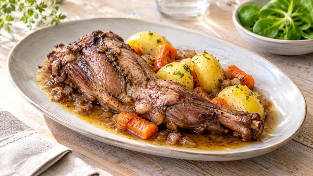 Hasenkeule aus dem Backofen mit Salzkartoffeln, geschmorten Möhren und heller Bratensauce.