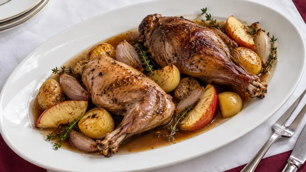 Zwei Hasenkeulen im Backofen mit Äpfeln, Kartoffeln und Schalotten
