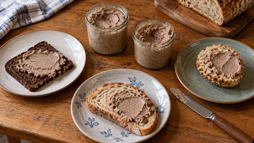 Hausgemachte Leberwurst aus Schweineleber auf Pumpernickel, Sauerteigbrot und einem Körnerbrötchen.