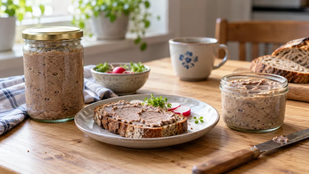 Hausmacher-Leberwurst in zwei Gläsern mit einer Scheibe Roggenbrot zum Frühstück.