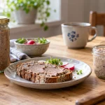 Hausmacher-Leberwurst in zwei Gläsern mit einer Scheibe Roggenbrot zum Frühstück.