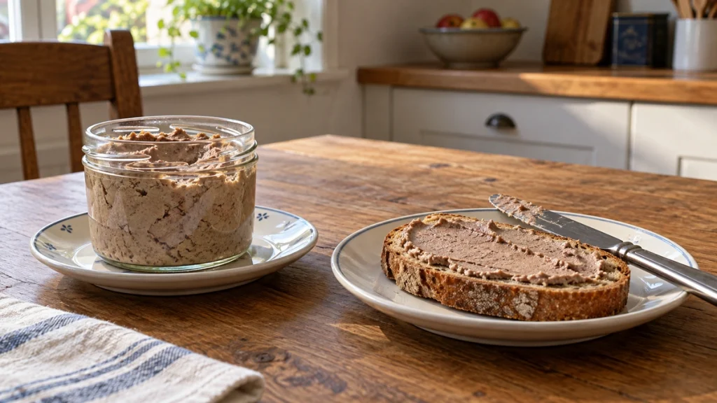 Offenes Glas selbst gemachter Leberwurst neben rustikalem Brot mit einem Buttermesser.