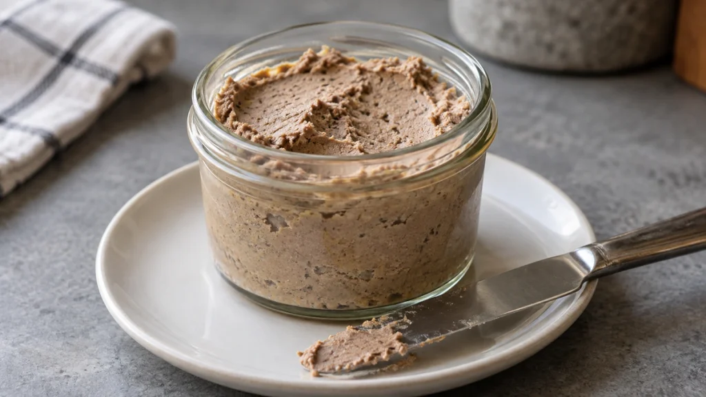 Selbst gemachte Leberwurst im Glas mit feiner, leicht körniger Konsistenz und Buttermesser.
