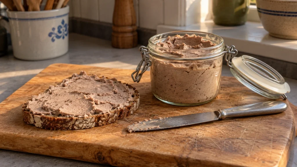 Selbst gemachte Leberwurst im Bügelglas mit Roggenmischbrot