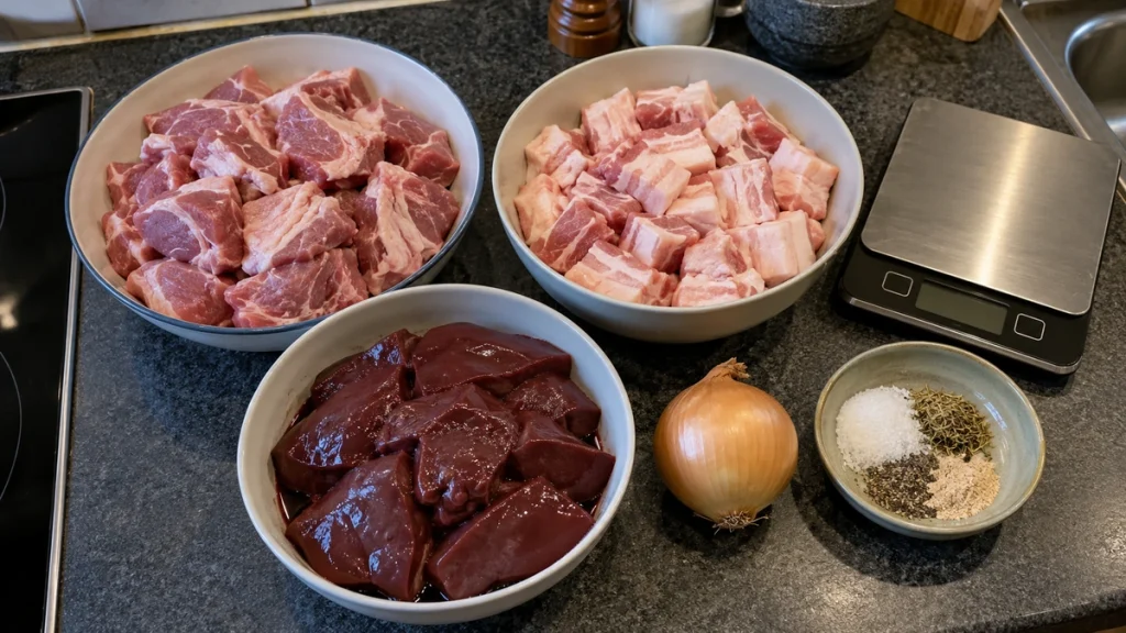 Zutaten für Leberwurst im Glas: Schweinefleisch, Schweinebauch, rohe Schweineleber und Gewürze.