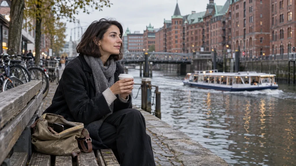 Frau sitzt mit einem Kaffee auf einer Bank am Hamburger Kanal