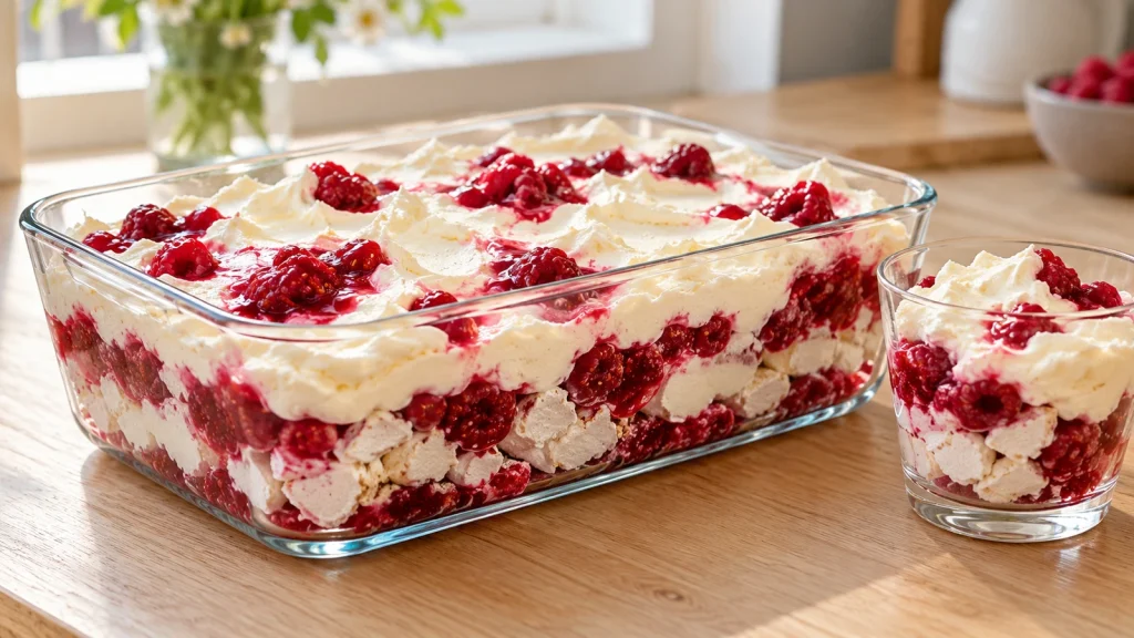 Rote Inge Dessert mit Himbeeren, Baiser und Sahne in Glasschale und Dessertglas