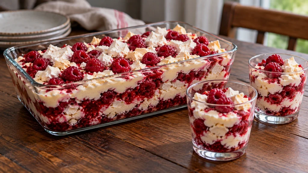 Rote Inge Dessert mit Himbeeren, Baiser und Sahne in Glasschale und zwei Gläsern
