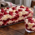 Rote Inge Dessert mit Himbeeren, Baiser und Sahne in Glasschale und zwei Gläsern