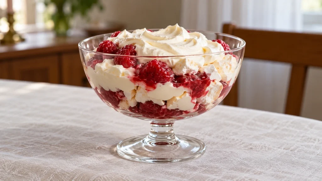 Klassisches Rote Inge Dessert mit Himbeeren, Baiser und Sahne in einer Glasschale