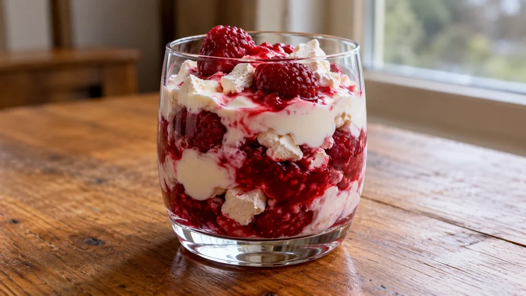 Rote Inge Dessert mit Joghurt, Himbeeren und Baiser im Glas