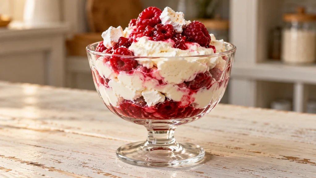 Rote Inge Dessert mit Quark, Himbeeren und Baiser im Dessertglas