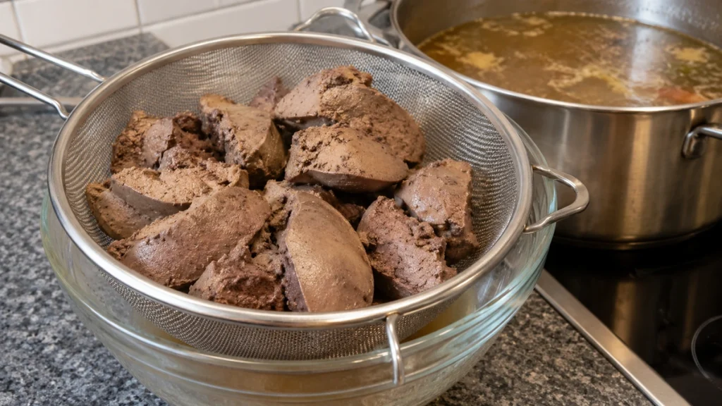Gekochte Schweineleber tropft im Metallsieb über einer Glasschüssel für Hausmacher-Leberwurst ab.