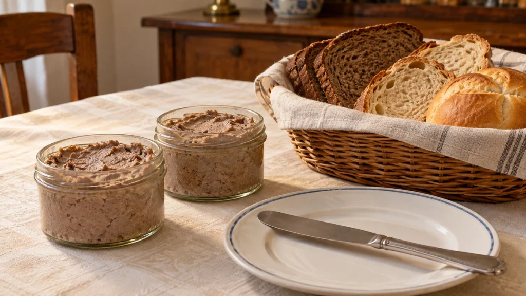 Selbstgemachte Leberwurst im Glas mit Roggenbrot, Bauernbrot und Brötchen
