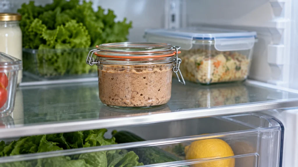 Selbst gemachte Leberwurst im verschlossenen Glas im Kühlschrank lagern