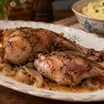Zwei geschmorte Hasenkeulen mit Zwiebeln auf einer weißen Platte, Kartoffelpüree im Hintergrund