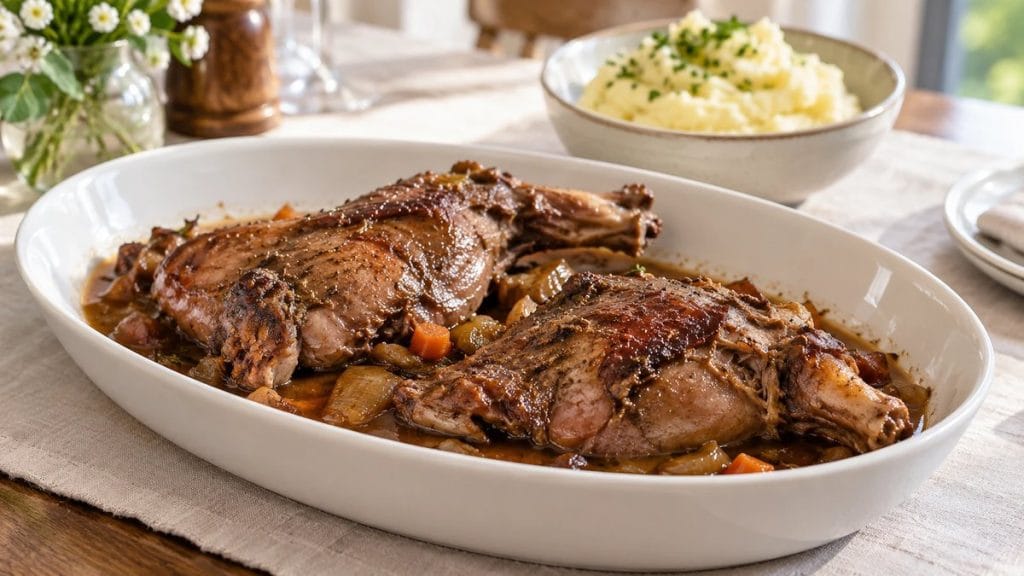 Zwei Hasenkeulen im Backofen geschmort, in brauner Zwiebelsauce in einer weißen Servierform.